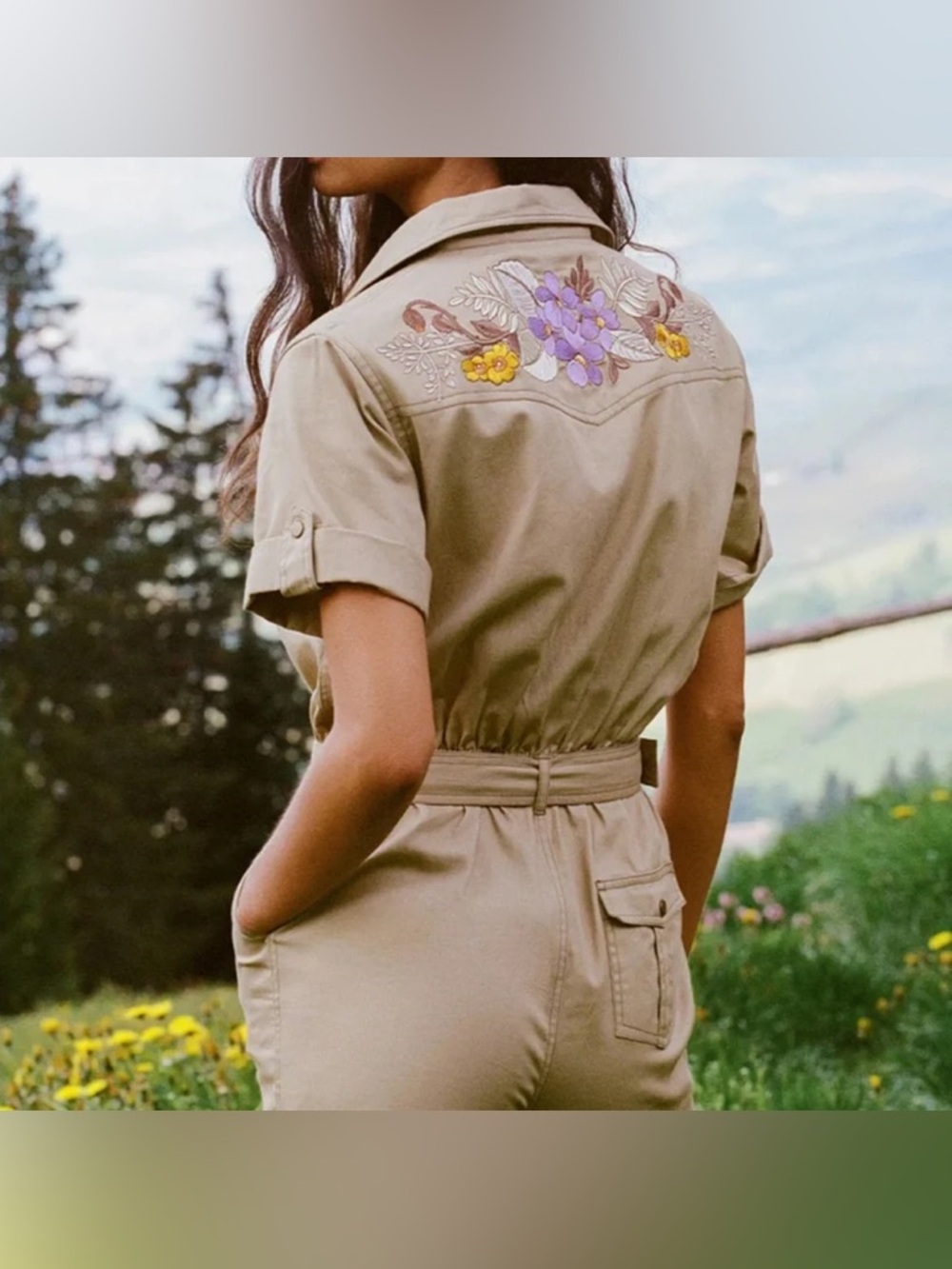 Spell Foxglove Embroidered Boilersuit Jumpsuit Size Medium Khaki Organic Cotton - Picture 3 of 6